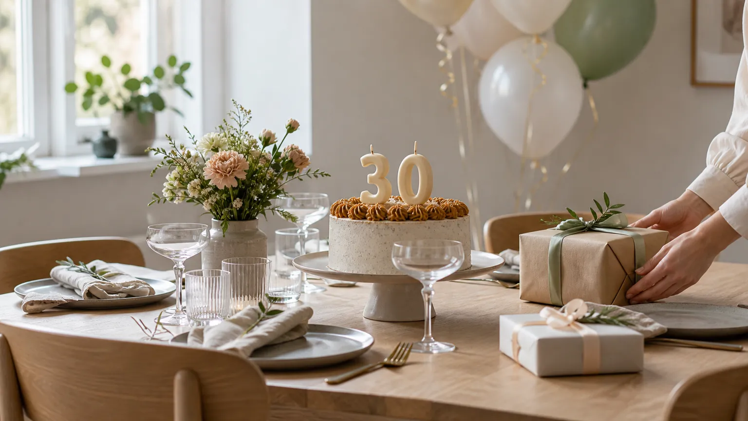 Skandinavisk fødselsdagsbord med kage, 30-årslys, blomster, balloner og indpakkede gaver.