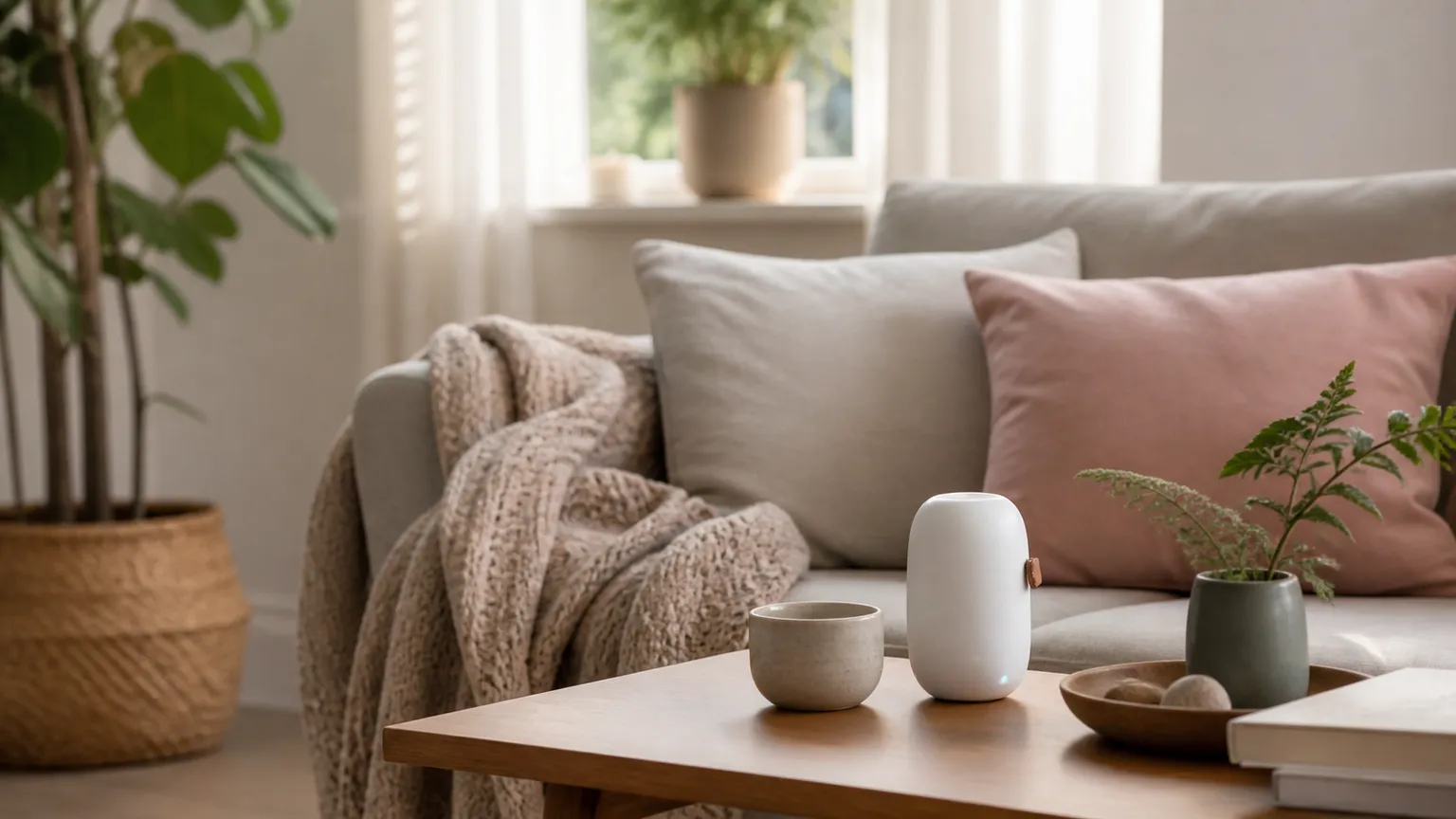 Hvid CO2-måler står på et sofabord i en lys stue med sofa, puder, plaid og grønne planter.