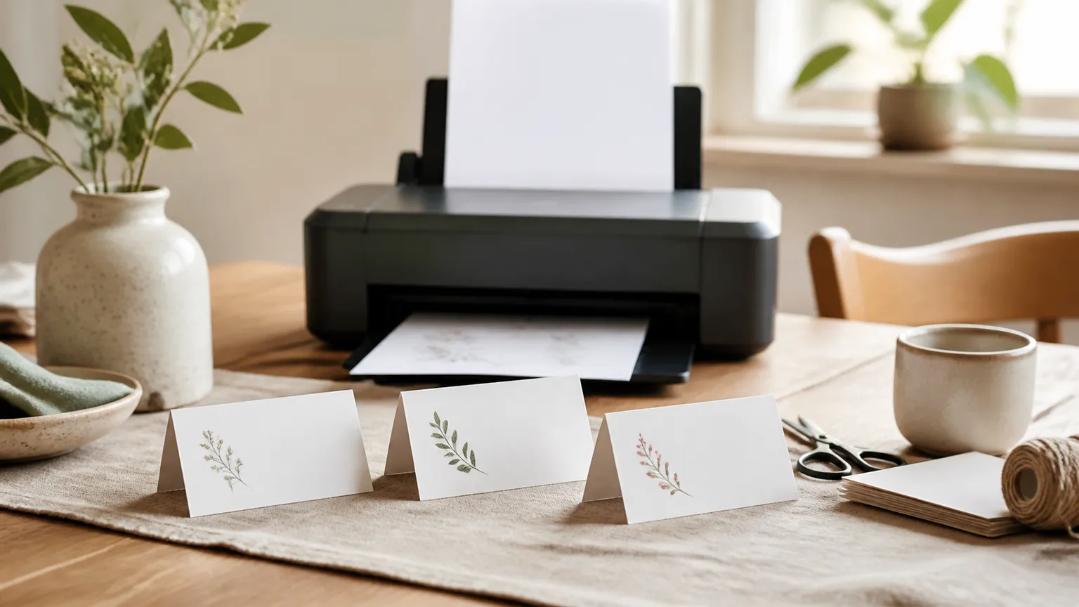 Tre hvide bordkort med små grønne blade står på et træbord foran en printer.
