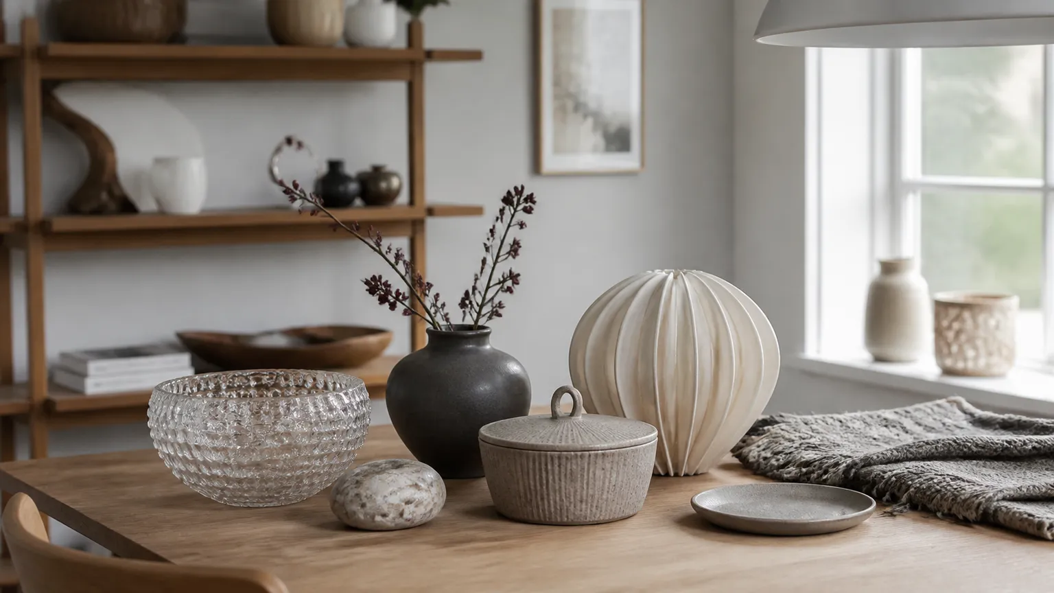 Skål i presset glas, mørk keramikvase med grene, krukke med låg og en riflet papirlampe på et egetræsbord foran en reol med keramik.