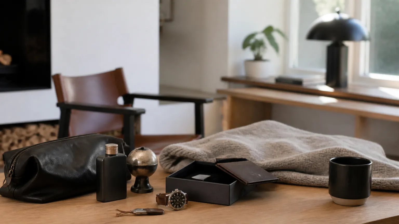 Mand i strikbluse pakker en gave ud i en sofa med en kop kaffe på bordet.