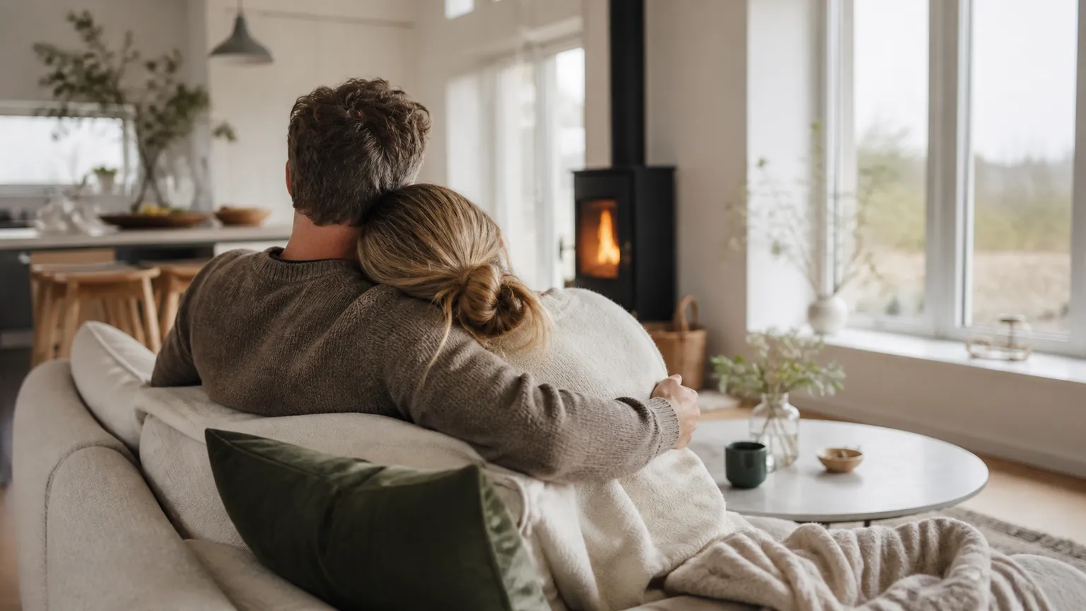 Ægtepar sidder tæt sammen i en sofa og kigger på en lille gaveæske.