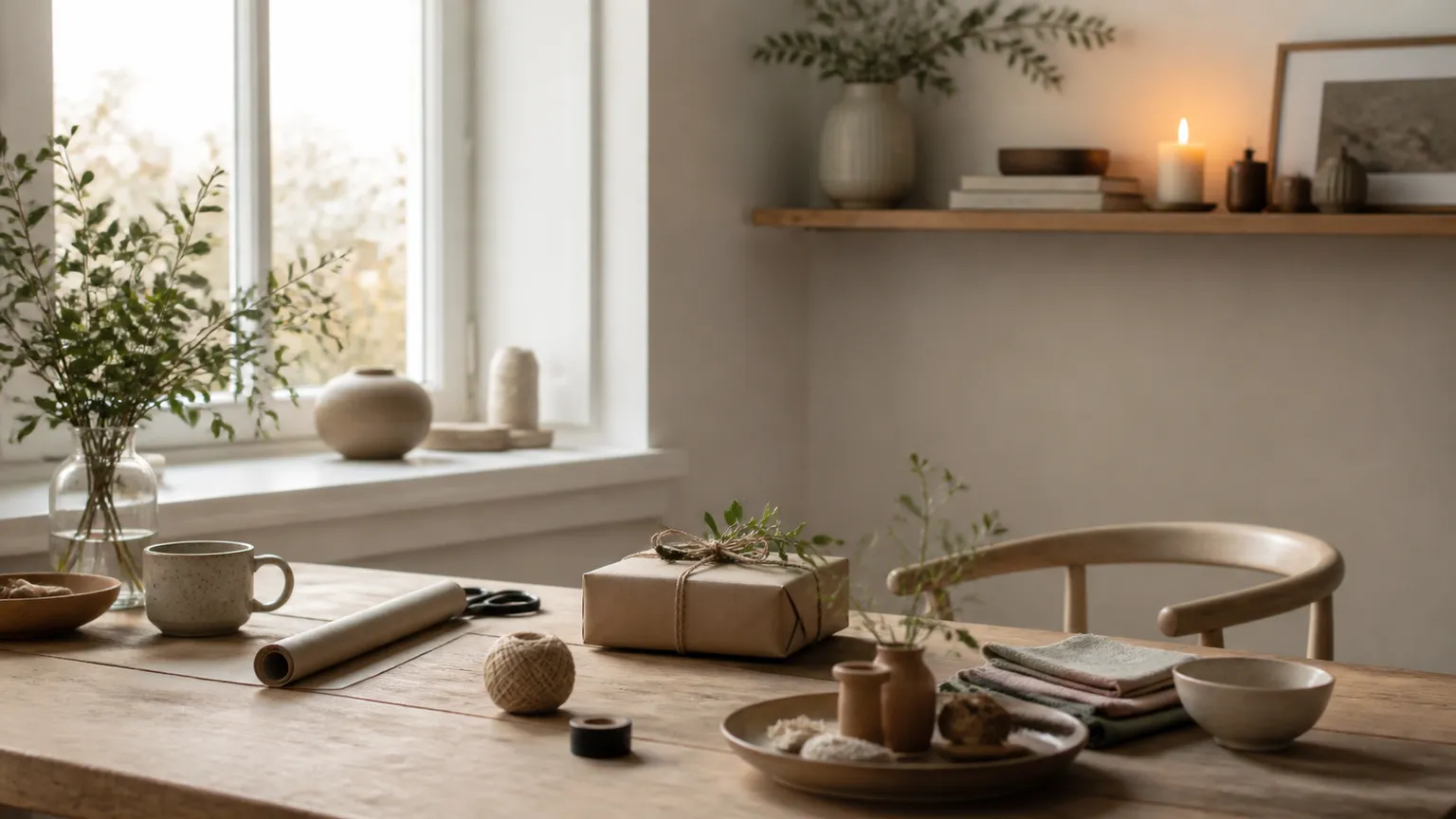 Indpakket gave med snor og en grøn kvist på et lyst spisebord med papirrulle, saks og et nøgle garn.