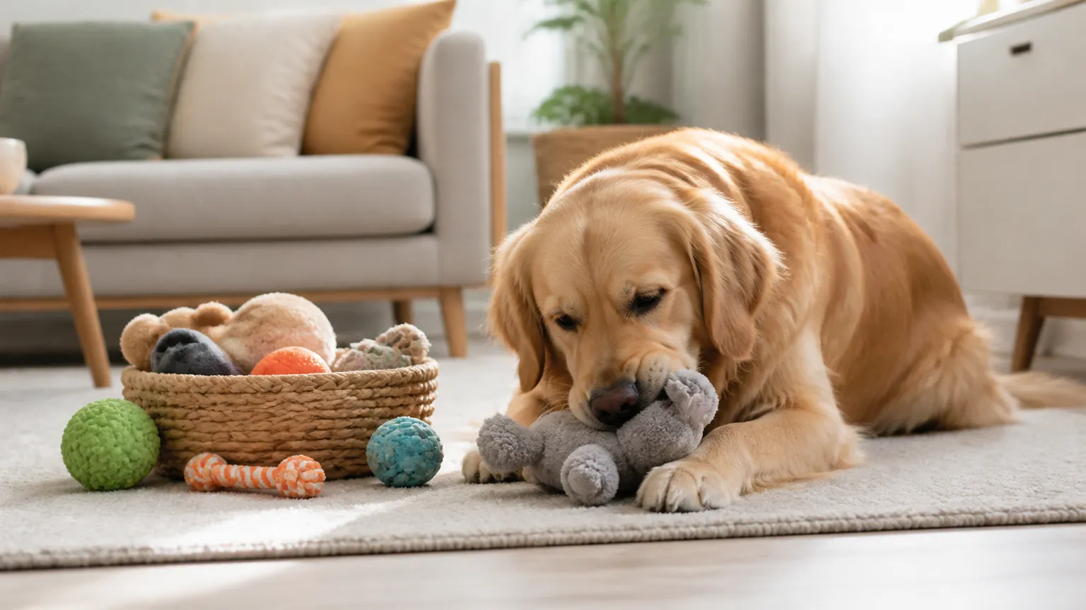Golden retriever ligger på et lyst tæppe i en stue og tygger på et gråt plyslegetøj ved siden af en kurv med bolde og et reblegetøj.