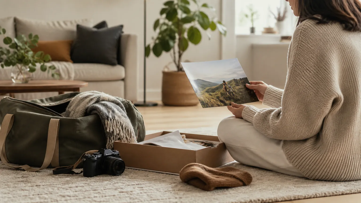 Kvinde sidder på gulvet med et billede af et bjerglandskab foran en pakket weekendtaske og et kamera.