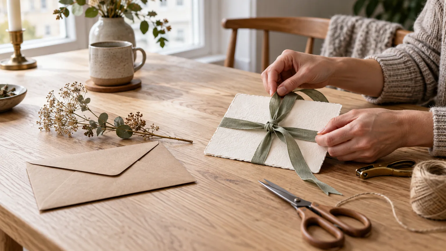 Hænder binder et grønt bånd om et hjemmelavet gavekort på et lyst træbord med kuvert, blomster og hobbygrej.
