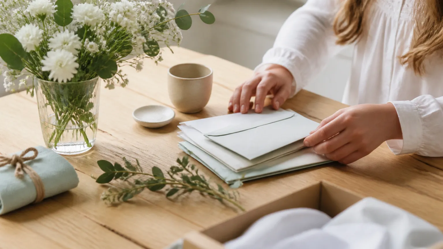 Kvinde lægger lysegrønne kuverter i en trækasse ved siden af en buket hvide blomster.