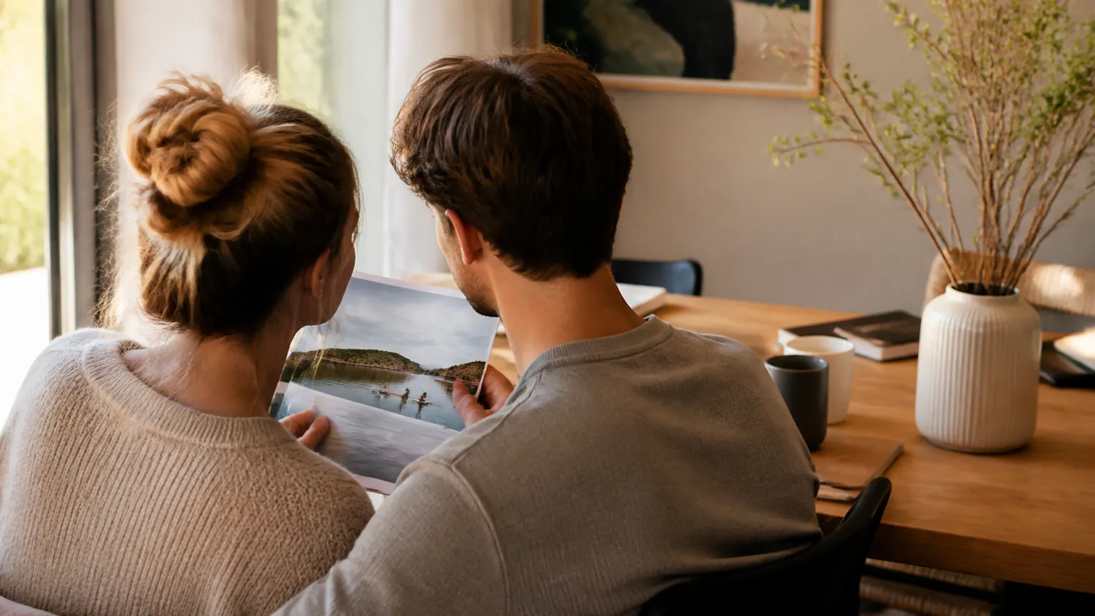 Par set bagfra kigger sammen på et fotografi af et kystlandskab ved et spisebord.