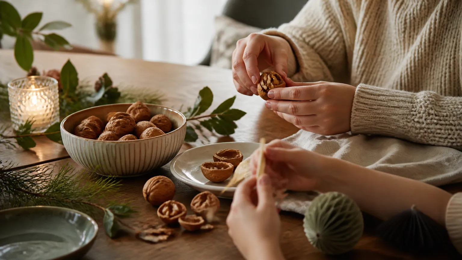 To personer knækker valnødder ved et julepyntet bord med gran, lys og en skål nødder.