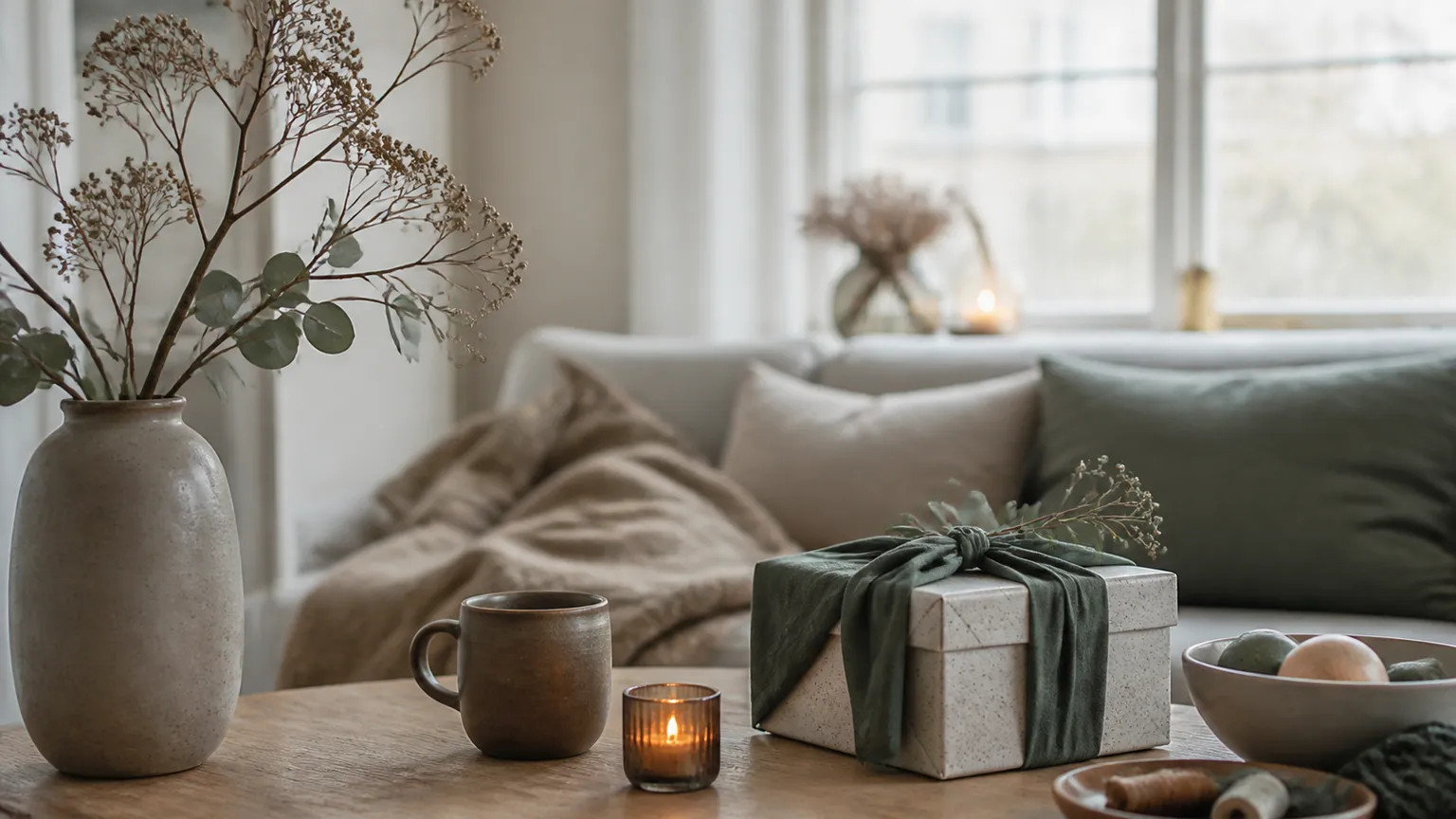 Indpakket gave med grønt stofbånd på et sofabord med kop, fyrfadslys og en vase med tørrede grene.
