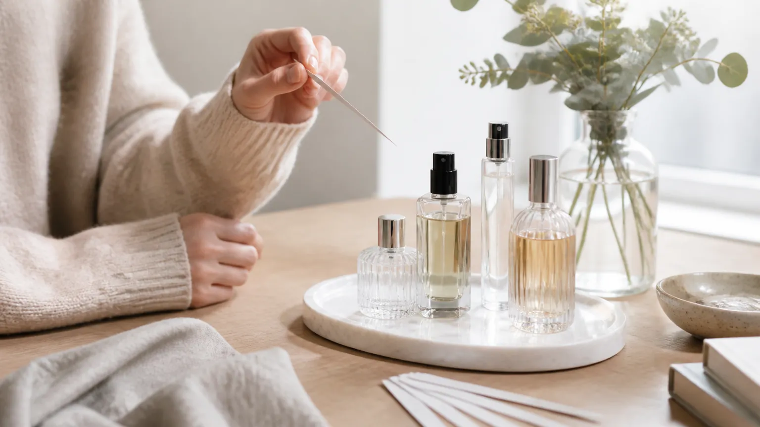 Fem parfumeflakoner står på en hvid bakke ved siden af en glasvase med eukalyptus, mens en hånd holder en dufteblotter.