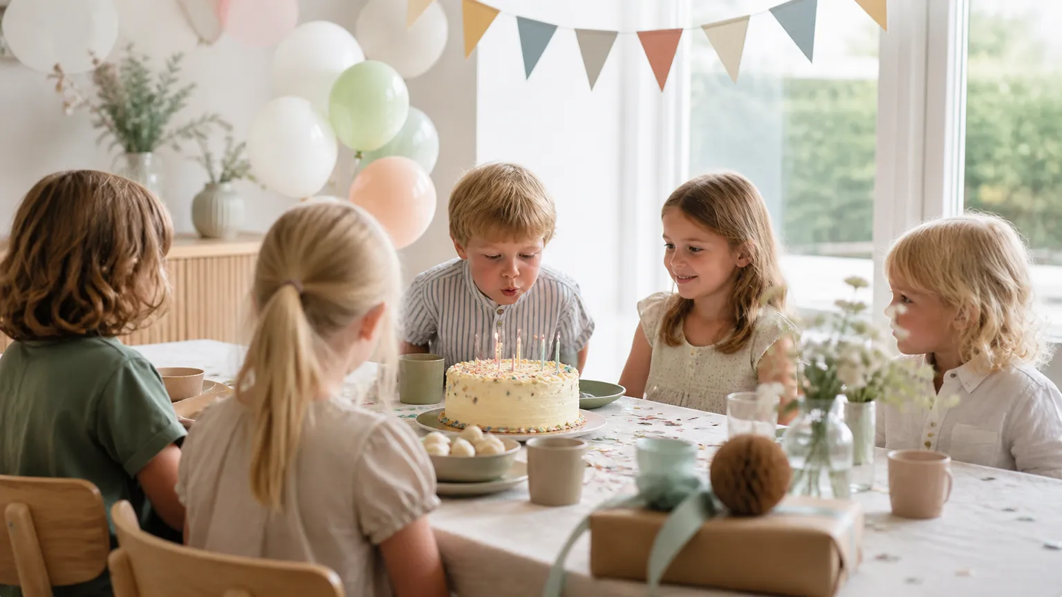 Fem børn sidder om et festbord med vimpler og balloner, mens en dreng puster lysene ud på en lagkage.