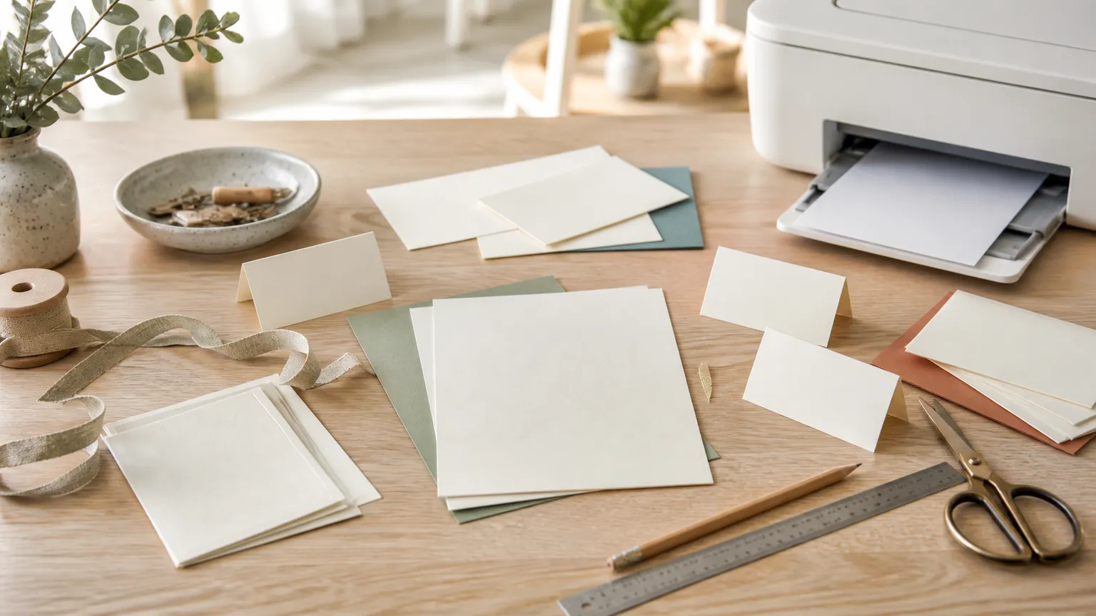 Arbejdsbord med kort, invitationer og printskabeloner